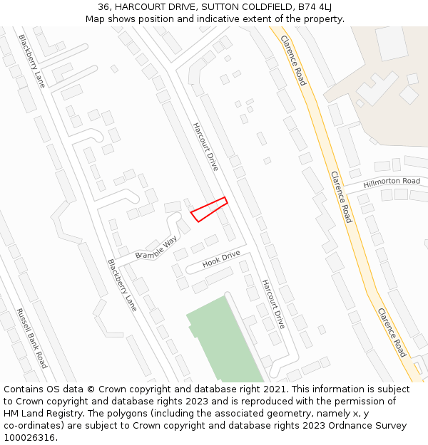 36, HARCOURT DRIVE, SUTTON COLDFIELD, B74 4LJ: Location map and indicative extent of plot