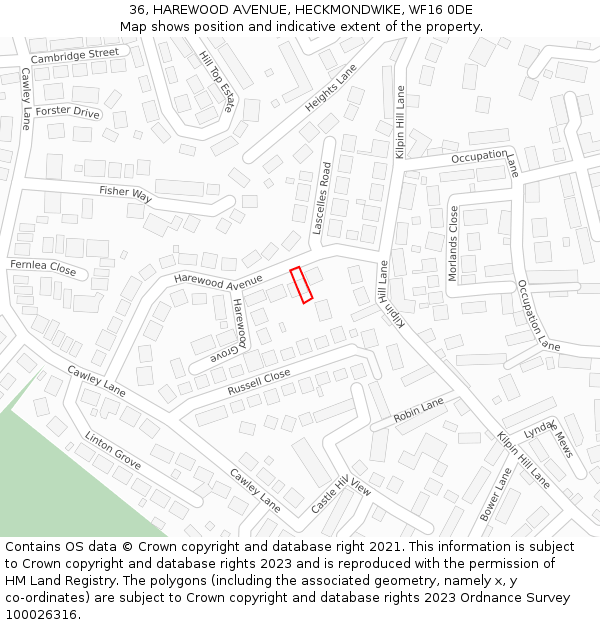 36, HAREWOOD AVENUE, HECKMONDWIKE, WF16 0DE: Location map and indicative extent of plot