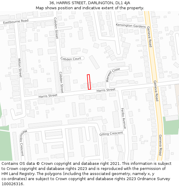 36, HARRIS STREET, DARLINGTON, DL1 4JA: Location map and indicative extent of plot