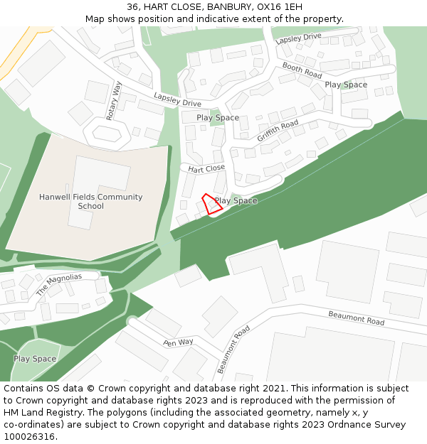 36, HART CLOSE, BANBURY, OX16 1EH: Location map and indicative extent of plot