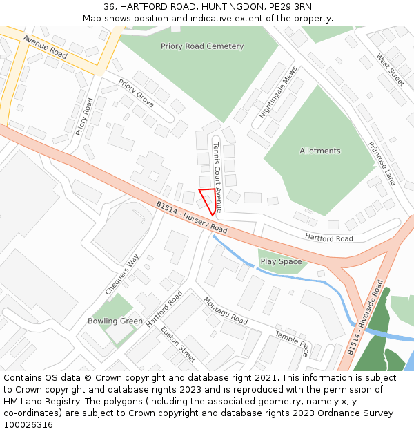 36, HARTFORD ROAD, HUNTINGDON, PE29 3RN: Location map and indicative extent of plot
