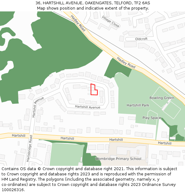 36, HARTSHILL AVENUE, OAKENGATES, TELFORD, TF2 6AS: Location map and indicative extent of plot
