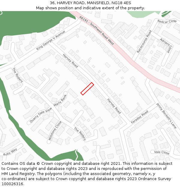 36, HARVEY ROAD, MANSFIELD, NG18 4ES: Location map and indicative extent of plot