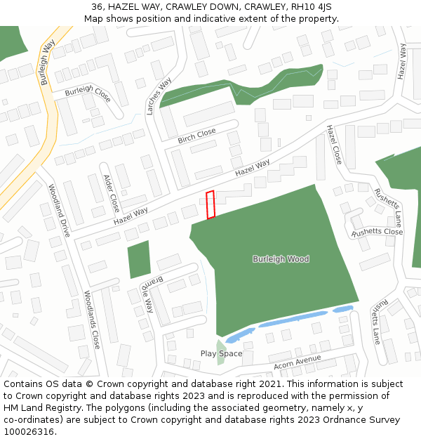 36, HAZEL WAY, CRAWLEY DOWN, CRAWLEY, RH10 4JS: Location map and indicative extent of plot