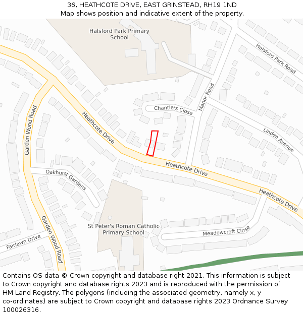 36, HEATHCOTE DRIVE, EAST GRINSTEAD, RH19 1ND: Location map and indicative extent of plot