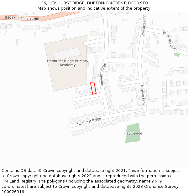 36, HENHURST RIDGE, BURTON-ON-TRENT, DE13 9TQ: Location map and indicative extent of plot