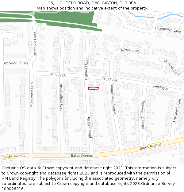 36, HIGHFIELD ROAD, DARLINGTON, DL3 0EA: Location map and indicative extent of plot