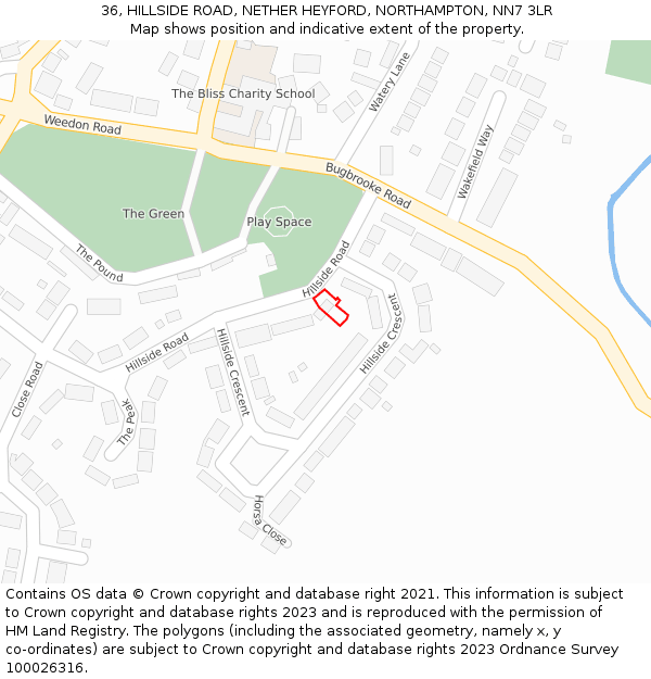 36, HILLSIDE ROAD, NETHER HEYFORD, NORTHAMPTON, NN7 3LR: Location map and indicative extent of plot