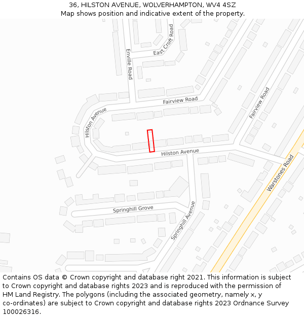 36, HILSTON AVENUE, WOLVERHAMPTON, WV4 4SZ: Location map and indicative extent of plot