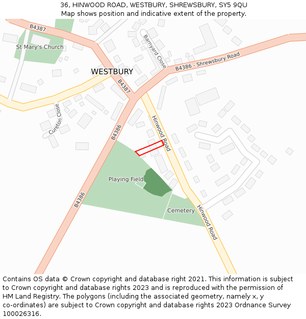 36, HINWOOD ROAD, WESTBURY, SHREWSBURY, SY5 9QU: Location map and indicative extent of plot