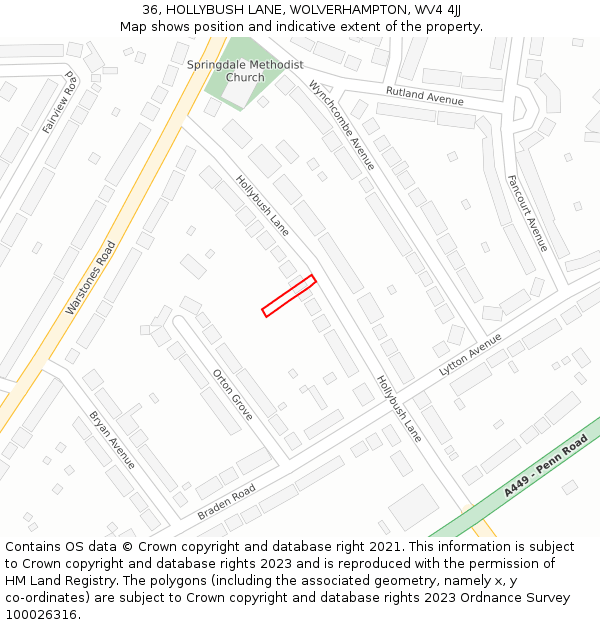36, HOLLYBUSH LANE, WOLVERHAMPTON, WV4 4JJ: Location map and indicative extent of plot