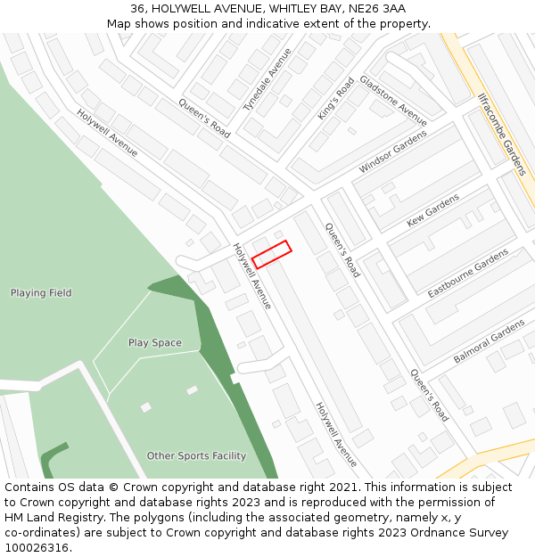 36, HOLYWELL AVENUE, WHITLEY BAY, NE26 3AA: Location map and indicative extent of plot