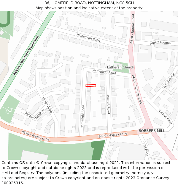36, HOMEFIELD ROAD, NOTTINGHAM, NG8 5GH: Location map and indicative extent of plot