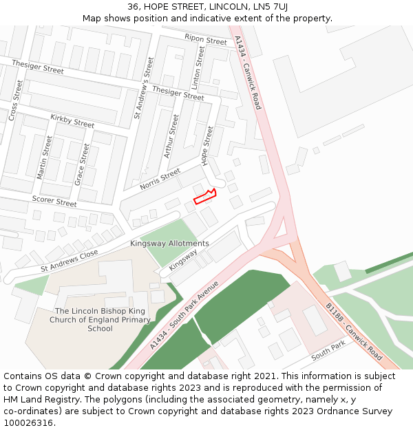36, HOPE STREET, LINCOLN, LN5 7UJ: Location map and indicative extent of plot