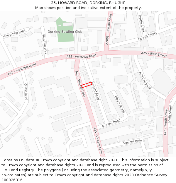 36, HOWARD ROAD, DORKING, RH4 3HP: Location map and indicative extent of plot