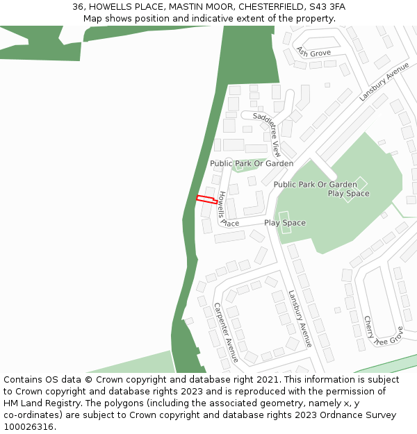 36, HOWELLS PLACE, MASTIN MOOR, CHESTERFIELD, S43 3FA: Location map and indicative extent of plot