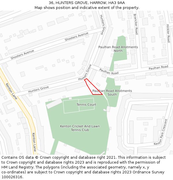 36, HUNTERS GROVE, HARROW, HA3 9AA: Location map and indicative extent of plot