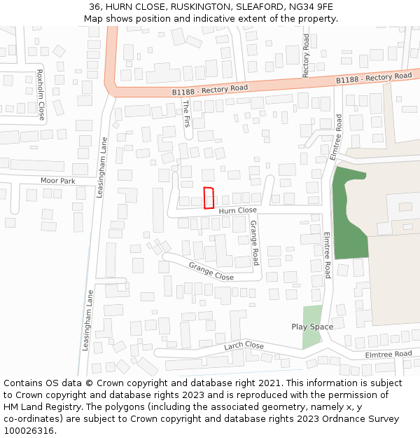 36, HURN CLOSE, RUSKINGTON, SLEAFORD, NG34 9FE: Location map and indicative extent of plot
