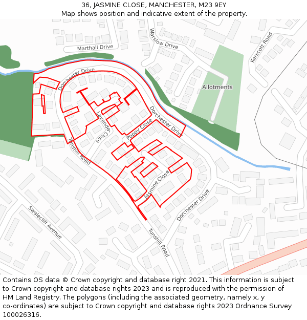 36, JASMINE CLOSE, MANCHESTER, M23 9EY: Location map and indicative extent of plot