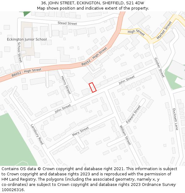 36, JOHN STREET, ECKINGTON, SHEFFIELD, S21 4DW: Location map and indicative extent of plot