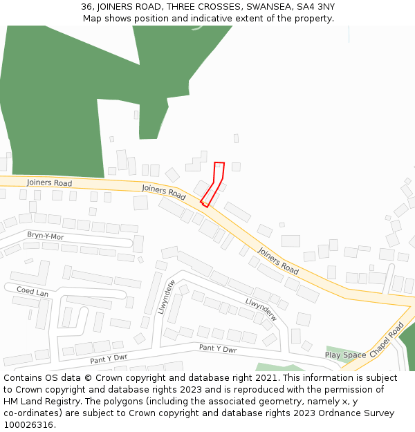 36, JOINERS ROAD, THREE CROSSES, SWANSEA, SA4 3NY: Location map and indicative extent of plot
