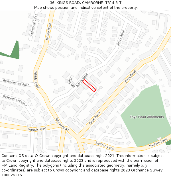 36, KINGS ROAD, CAMBORNE, TR14 8LT: Location map and indicative extent of plot