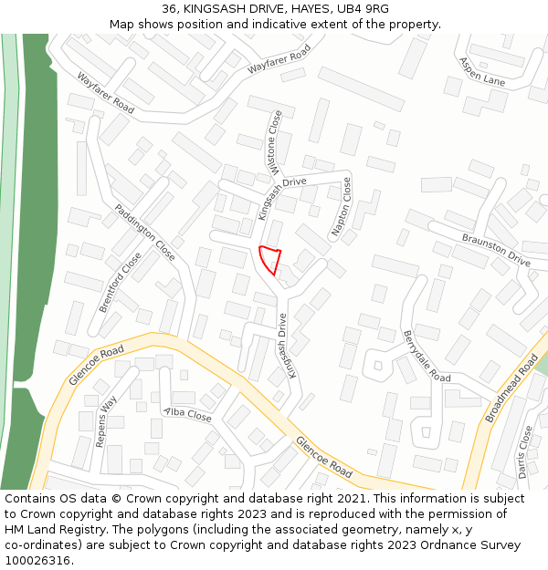 36, KINGSASH DRIVE, HAYES, UB4 9RG: Location map and indicative extent of plot