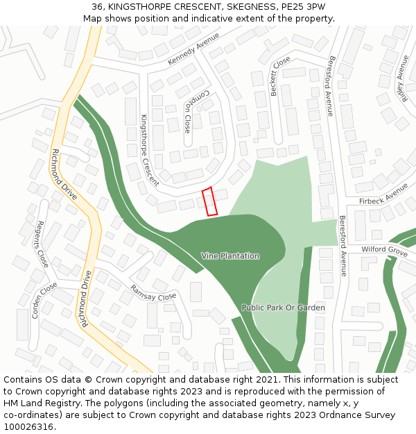 36, KINGSTHORPE CRESCENT, SKEGNESS, PE25 3PW: Location map and indicative extent of plot