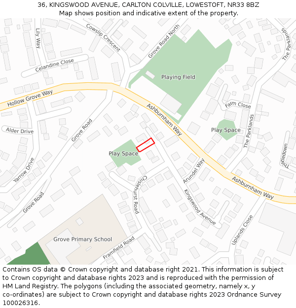 36, KINGSWOOD AVENUE, CARLTON COLVILLE, LOWESTOFT, NR33 8BZ: Location map and indicative extent of plot