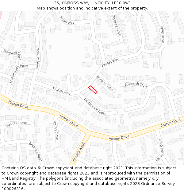 36, KINROSS WAY, HINCKLEY, LE10 0WF: Location map and indicative extent of plot