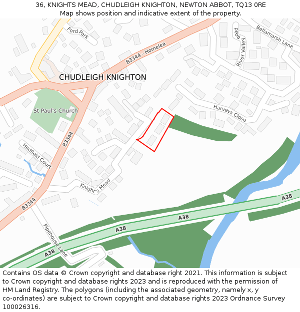 36, KNIGHTS MEAD, CHUDLEIGH KNIGHTON, NEWTON ABBOT, TQ13 0RE: Location map and indicative extent of plot