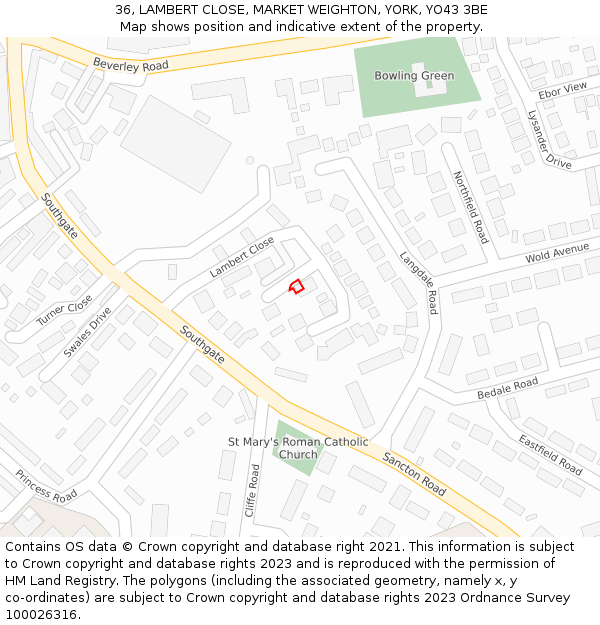 36, LAMBERT CLOSE, MARKET WEIGHTON, YORK, YO43 3BE: Location map and indicative extent of plot