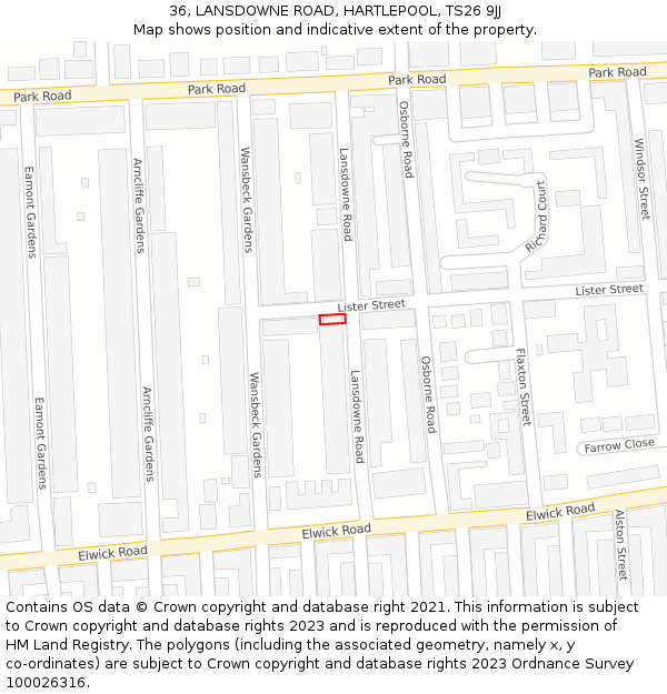36, LANSDOWNE ROAD, HARTLEPOOL, TS26 9JJ: Location map and indicative extent of plot