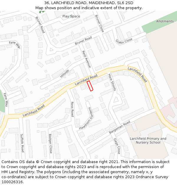 36, LARCHFIELD ROAD, MAIDENHEAD, SL6 2SD: Location map and indicative extent of plot