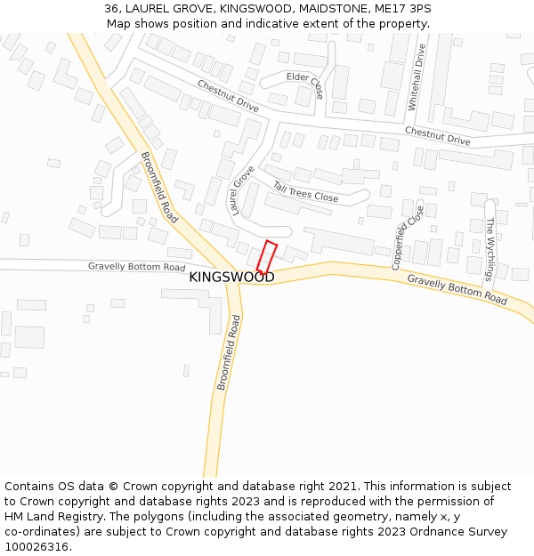 36, LAUREL GROVE, KINGSWOOD, MAIDSTONE, ME17 3PS: Location map and indicative extent of plot