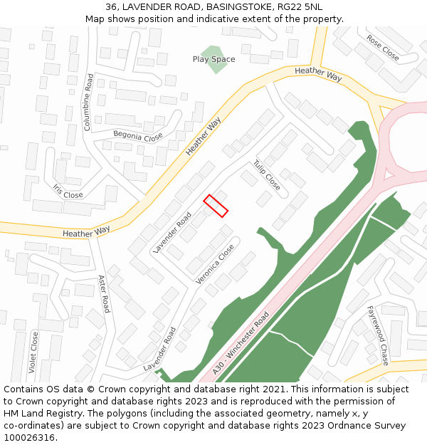 36, LAVENDER ROAD, BASINGSTOKE, RG22 5NL: Location map and indicative extent of plot