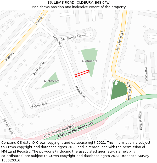 36, LEWIS ROAD, OLDBURY, B68 0PW: Location map and indicative extent of plot