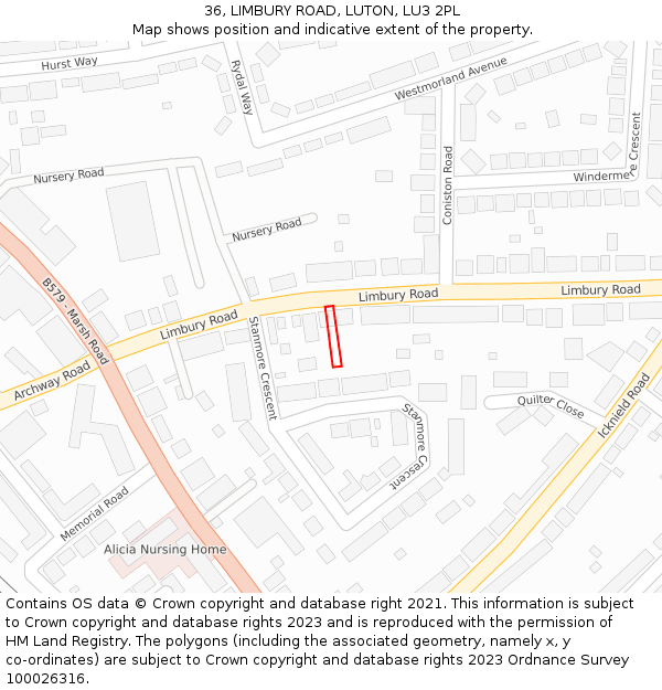 36, LIMBURY ROAD, LUTON, LU3 2PL: Location map and indicative extent of plot