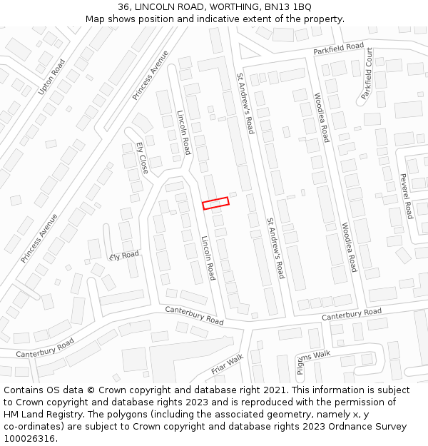 36, LINCOLN ROAD, WORTHING, BN13 1BQ: Location map and indicative extent of plot