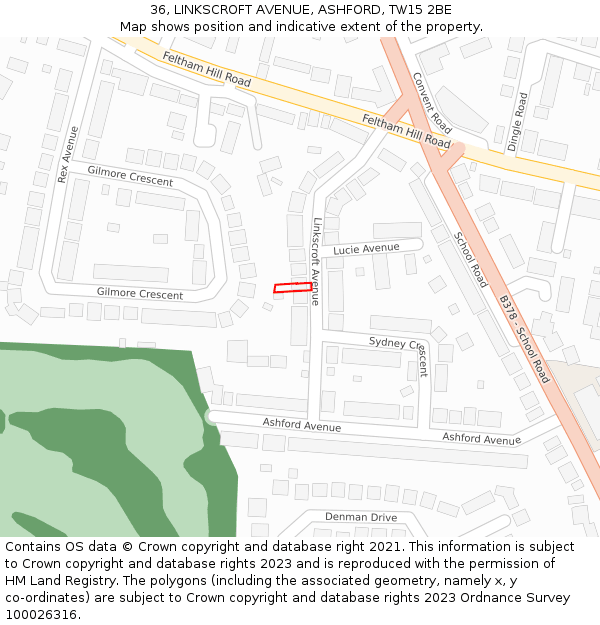 36, LINKSCROFT AVENUE, ASHFORD, TW15 2BE: Location map and indicative extent of plot