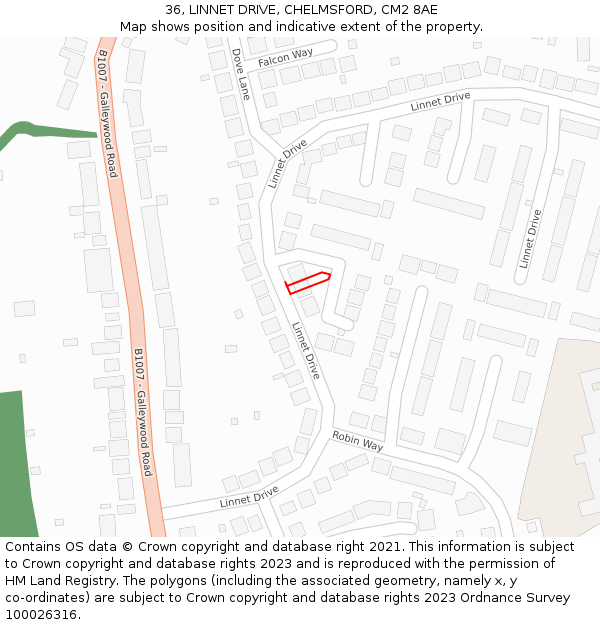 36, LINNET DRIVE, CHELMSFORD, CM2 8AE: Location map and indicative extent of plot