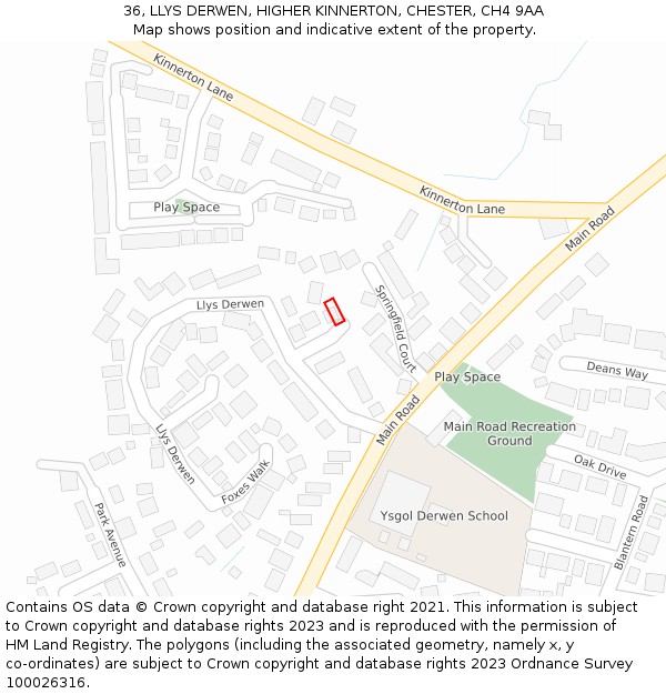 36, LLYS DERWEN, HIGHER KINNERTON, CHESTER, CH4 9AA: Location map and indicative extent of plot