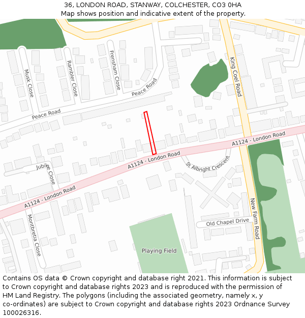 36, LONDON ROAD, STANWAY, COLCHESTER, CO3 0HA: Location map and indicative extent of plot