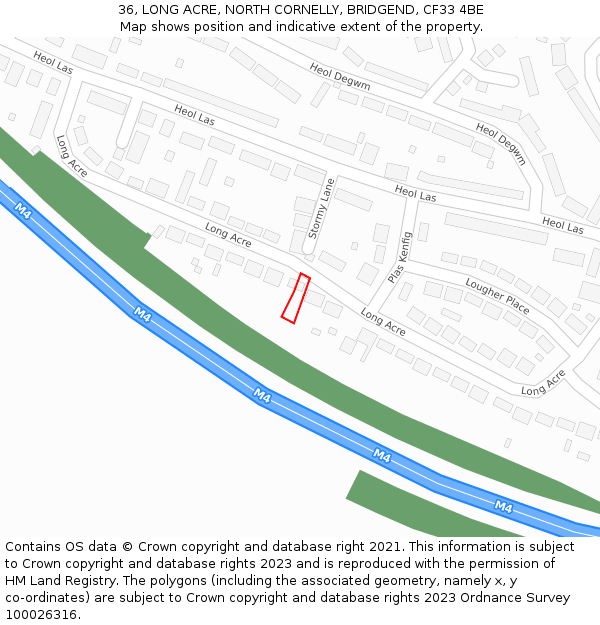 36, LONG ACRE, NORTH CORNELLY, BRIDGEND, CF33 4BE: Location map and indicative extent of plot