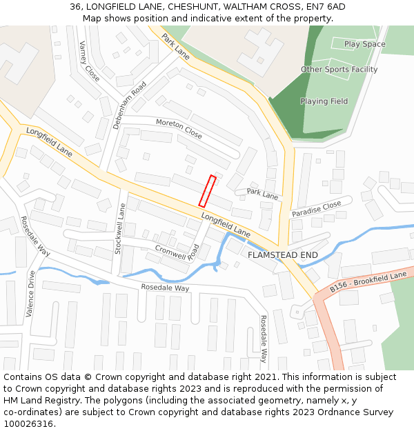36, LONGFIELD LANE, CHESHUNT, WALTHAM CROSS, EN7 6AD: Location map and indicative extent of plot