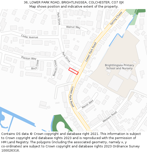 36, LOWER PARK ROAD, BRIGHTLINGSEA, COLCHESTER, CO7 0JX: Location map and indicative extent of plot