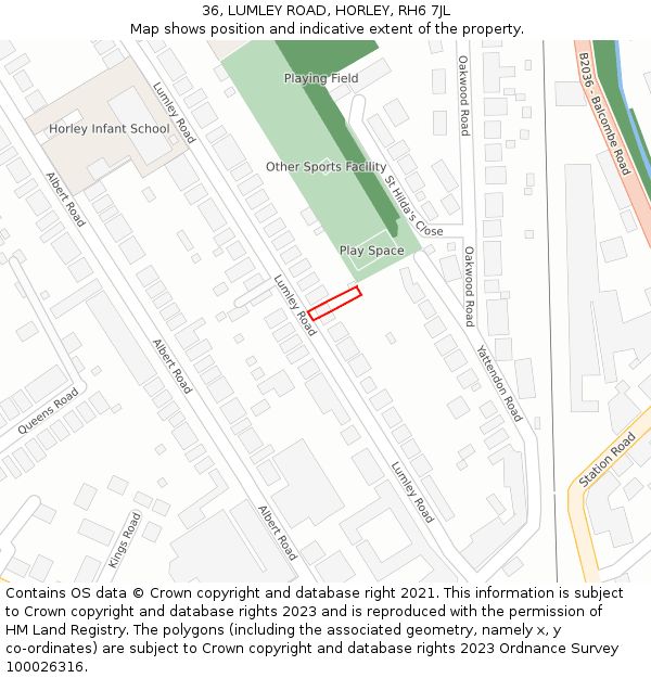 36, LUMLEY ROAD, HORLEY, RH6 7JL: Location map and indicative extent of plot