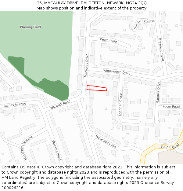 36, MACAULAY DRIVE, BALDERTON, NEWARK, NG24 3QQ: Location map and indicative extent of plot