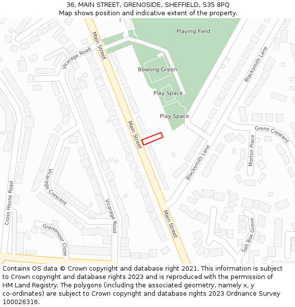 36, MAIN STREET, GRENOSIDE, SHEFFIELD, S35 8PQ: Location map and indicative extent of plot