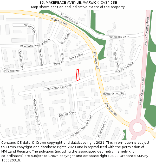 36, MAKEPEACE AVENUE, WARWICK, CV34 5SB: Location map and indicative extent of plot